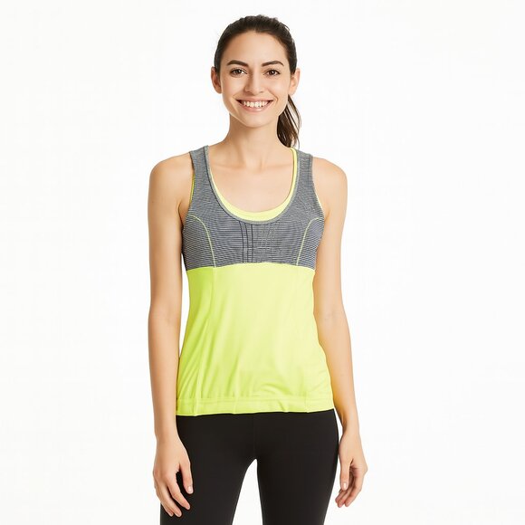 Lululemon Hustle & Bustle Tank 12 Yellow Grey Stripe Built-In Bra Stretch Studio - Picture 1 of 15